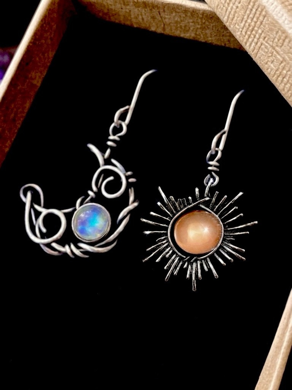 Bohemian Astrology Sun Moon Silver Wire Wrapped Celestial Stone Mismatch Dangles - Picture 3 of 8